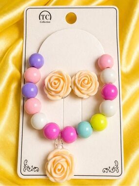 IC COLLECTION Kids Peach Rose Bead Bracelet and Earring Set